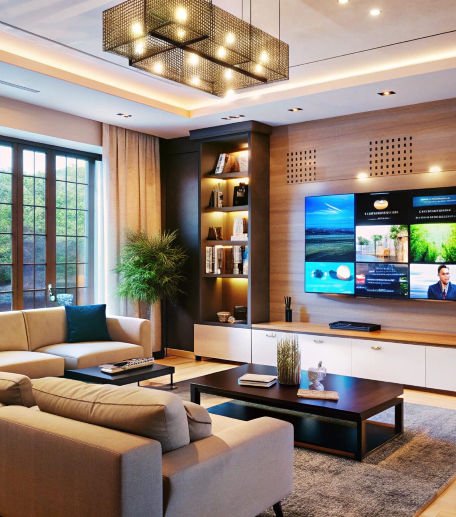 Modern living room with large TV and sectional sofa.